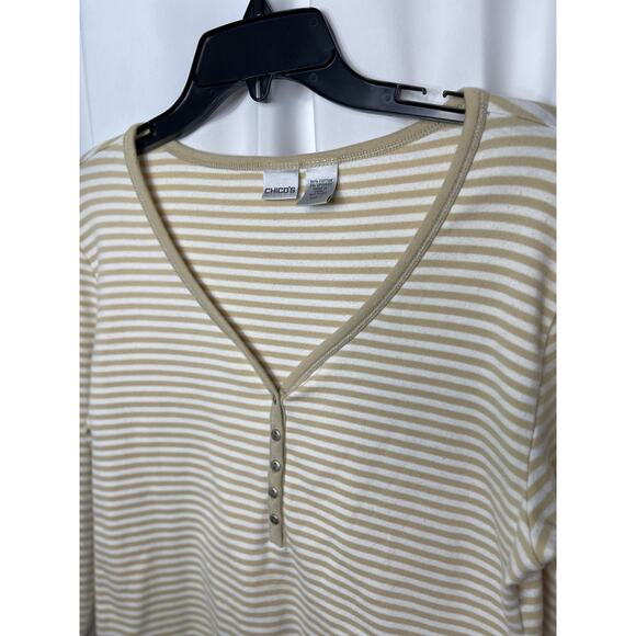 Chico's t-shirt knit tee women's 8 small white tan stripe v neck button detail - Picture 2 of 11